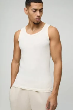 Cheap boohooMAN Muscle Fit Ribbed Vest ecru