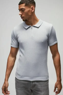 Discount boohooMAN Muscle Fit Ribbed Zip Neck Knitted Polo light grey