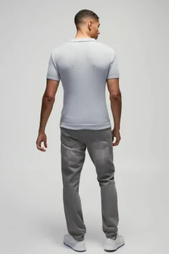 Discount boohooMAN Muscle Fit Ribbed Zip Neck Knitted Polo light grey