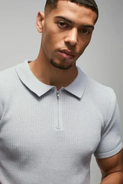 Discount boohooMAN Muscle Fit Ribbed Zip Neck Knitted Polo light grey