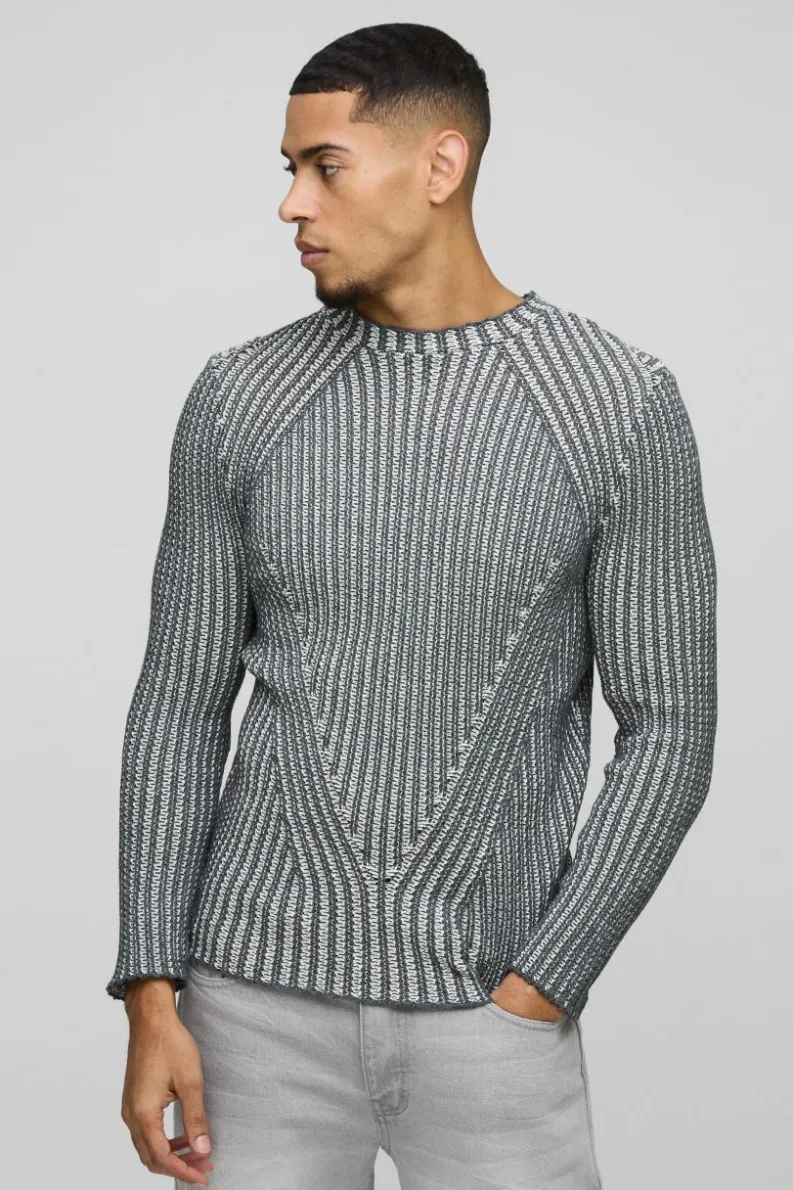 Cheap boohooMAN Muscle Fit Two Tone Raglan Ribbed Knit Jumper charcoal