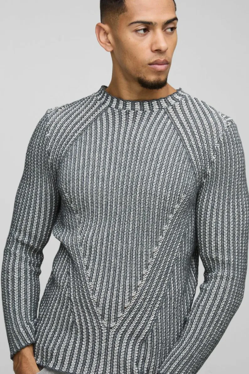 Cheap boohooMAN Muscle Fit Two Tone Raglan Ribbed Knit Jumper charcoal