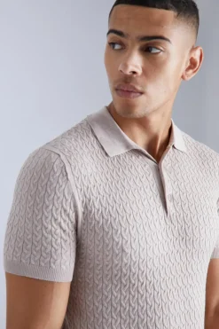 New boohooMAN Muscle Short Sleeve Cable Polo taupe