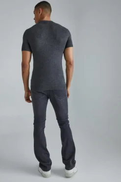 Shop boohooMAN Muscle Short Sleeve Half Zip Polo charcoal