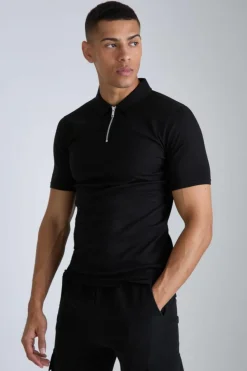 Best boohooMAN Muscle Zip Neck Polo black
