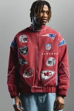 Flash Sale boohooMAN Nfl Oversized Moto Pu Jacket With Applique Badges red