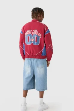 Flash Sale boohooMAN Nfl Oversized Moto Pu Jacket With Applique Badges red