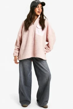 Store boohoo Nylon Pocket Detail Oversized Half Zip Borg Sweatshirt pink
