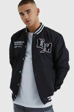 Cheap boohooMAN Nylon Varsity Jacket With Badges black