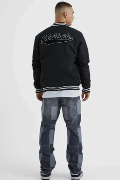 Cheap boohooMAN Nylon Varsity Jacket With Badges black