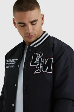 Cheap boohooMAN Nylon Varsity Jacket With Badges black