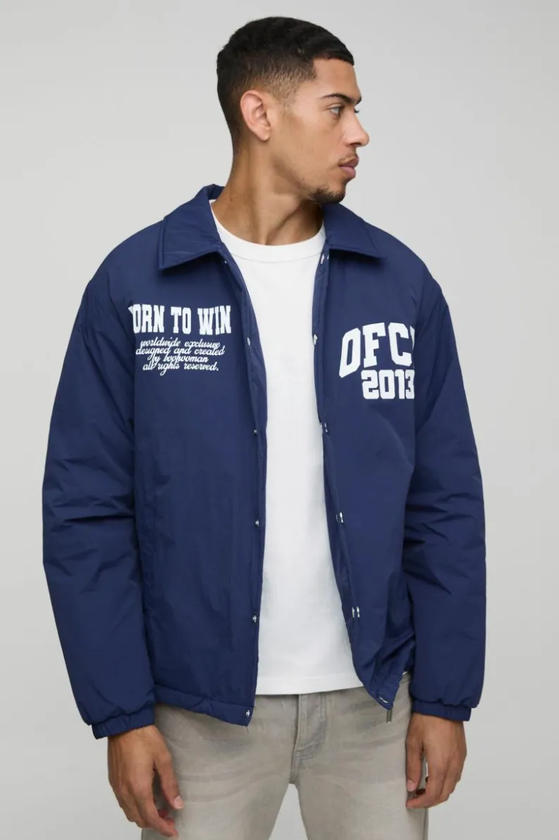 New boohooMAN OFCL Padded Nylon Coach Jacket In navy