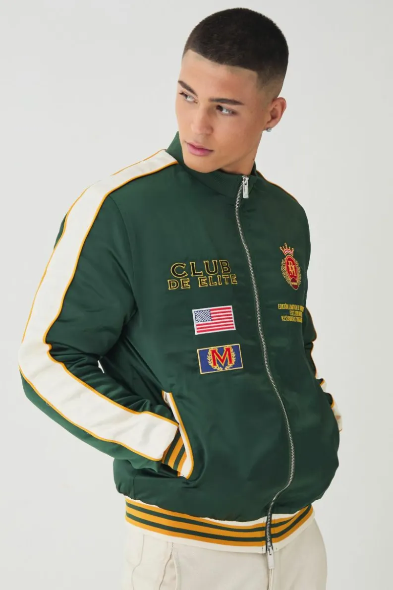 Store boohooMAN Official Embroidered Satin Padded Bomber Jacket green