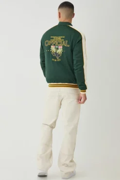Store boohooMAN Official Embroidered Satin Padded Bomber Jacket green