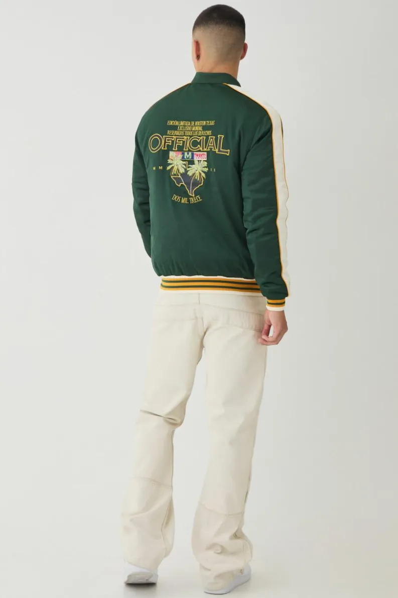 Store boohooMAN Official Embroidered Satin Padded Bomber Jacket green