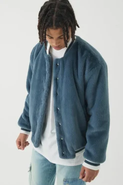 Fashion boohooMAN Official Faux Fur Bomber Jacket In blue