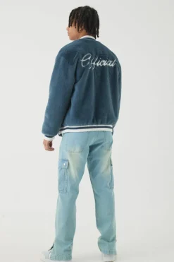 Fashion boohooMAN Official Faux Fur Bomber Jacket In blue