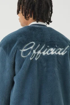 Fashion boohooMAN Official Faux Fur Bomber Jacket In blue