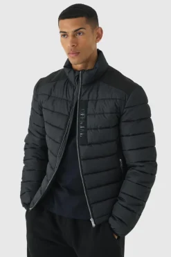 Best Sale boohooMAN Official Funnel Neck Panel Puffer Jacket In black