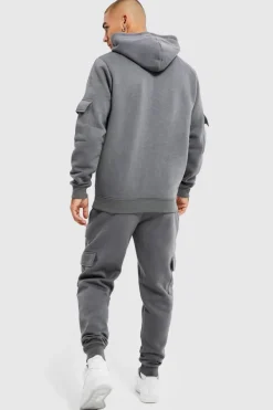 Cheap boohooMAN Official Man Cargo Hooded Panelled Tracksuit slate
