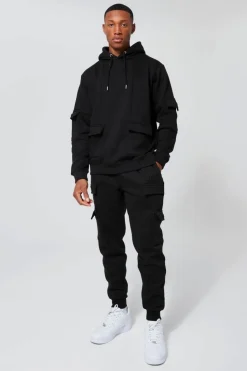 New boohooMAN Official Man Cargo Hooded Panelled Tracksuit black