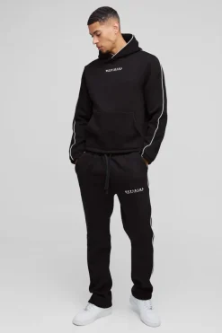 Sale boohooMAN Official Piping Hooded Tracksuit black