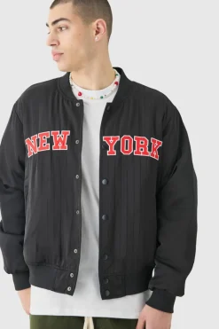 Online boohooMAN Official Satin Pinstripe Varsity Bomber Jacket black