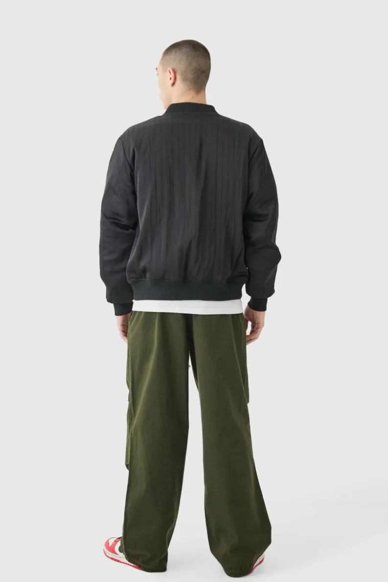 Online boohooMAN Official Satin Pinstripe Varsity Bomber Jacket black