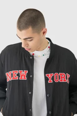 Online boohooMAN Official Satin Pinstripe Varsity Bomber Jacket black