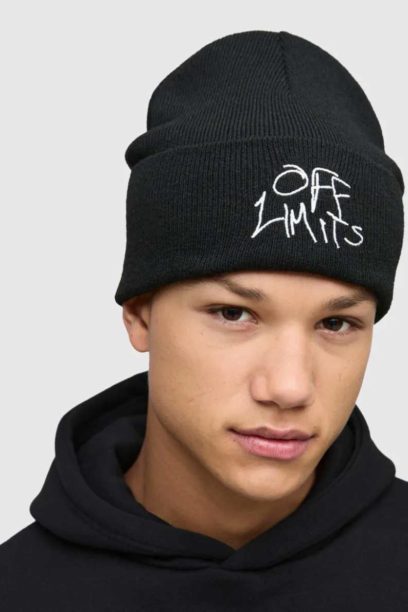 Sale boohooMAN Off Limits Script Beanie black