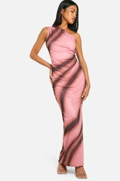 Fashion boohoo One Shoulder Abstract Printed Mesh Maxi Dress pink