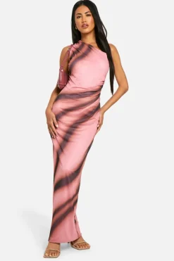 Fashion boohoo One Shoulder Abstract Printed Mesh Maxi Dress pink
