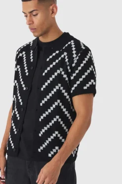Best Sale boohooMAN Open Knit Stripe Shirt In Black white
