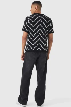 Best Sale boohooMAN Open Knit Stripe Shirt In Black white