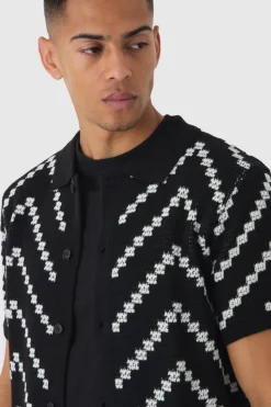 Best Sale boohooMAN Open Knit Stripe Shirt In Black white
