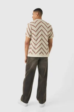 Store boohooMAN Open Knit Stripe Shirt In ecru