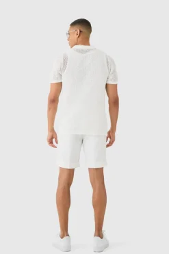Store boohooMAN Open Stitch Tonal Floral Intarsia Short Sleeve Knit Shirt ecru