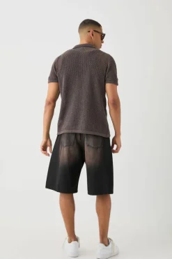 Store boohooMAN Open Stitch Tonal Floral Intarsia Short Sleeve Knit Shirt chocolate