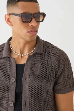 Store boohooMAN Open Stitch Tonal Floral Intarsia Short Sleeve Knit Shirt chocolate