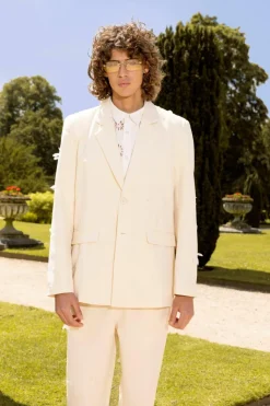 Flash Sale boohooMAN Organza Embroidered Relaxed Suit Jacket ecru