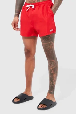 Online boohooMAN Original Man Short Length Swim Shorts red