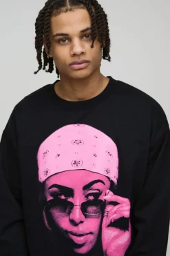 Online boohooMAN Oversized Aaliyah Raw Hem License Print Sweatshirt black