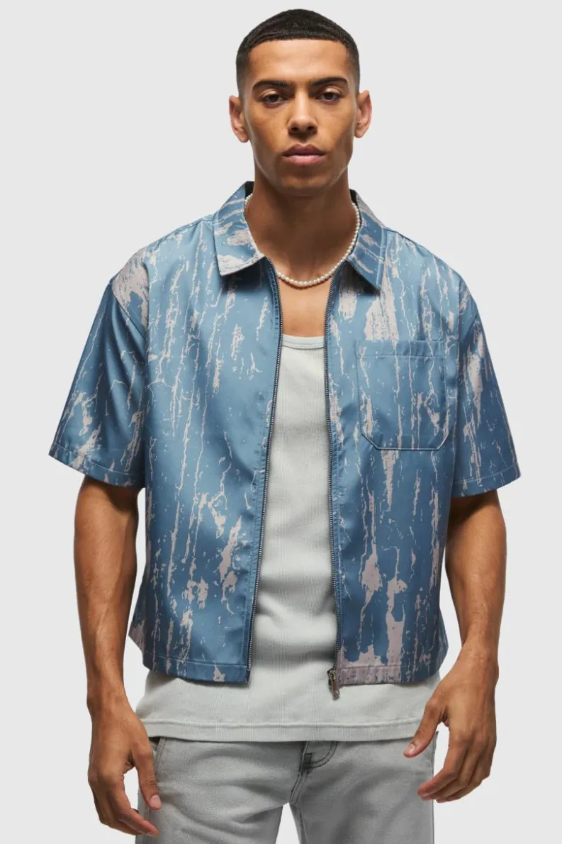 New boohooMAN Oversized Abstract Boxy Shirt light blue