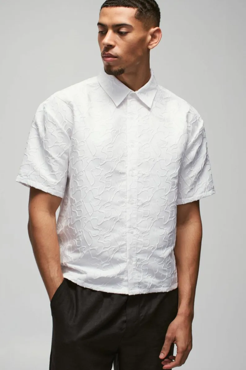 New boohooMAN Oversized Abstract Jacquard Boxy Shirt white