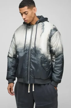 Discount boohooMAN Oversized Abstract Print Hooded Bomber Jacket In charcoal