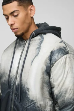 Discount boohooMAN Oversized Abstract Print Hooded Bomber Jacket In charcoal