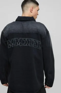 Flash Sale boohooMAN Oversized Acid Wash Applique Denim Shirt black