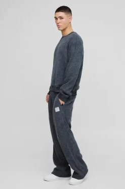 Hot boohooMAN Oversized Acid Wash Heavy Waffle Hooded Tracksuit With Woven Tab black