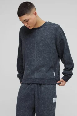 Hot boohooMAN Oversized Acid Wash Heavy Waffle Hooded Tracksuit With Woven Tab black