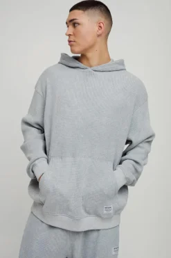 Flash Sale boohooMAN Oversized Acid Wash Heavy Waffle Hoodie with Woven Tab grey